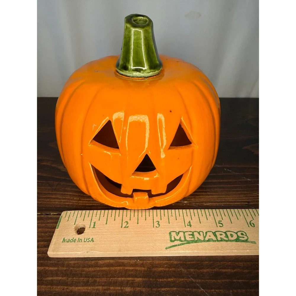 Ceramic Jack-O-Lantern Halloween Pumpkin Lantern Orange Glossy Decor 6 Inch